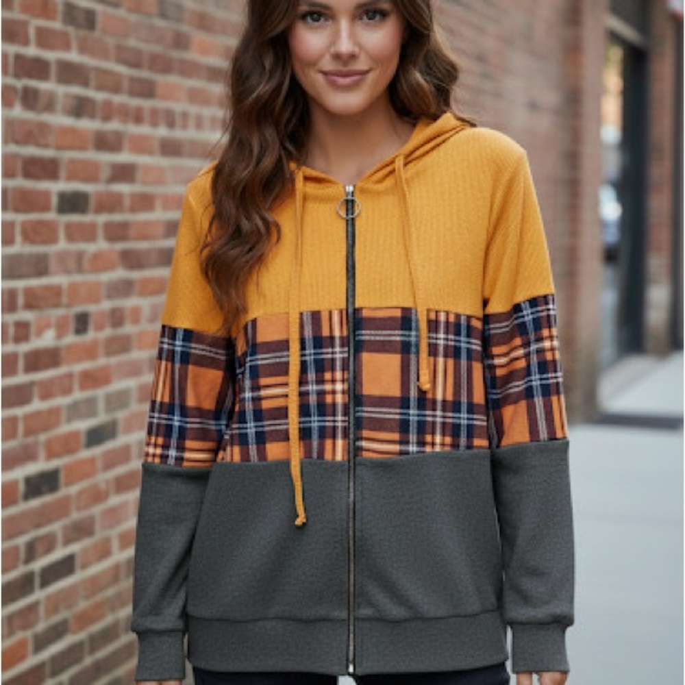 Orange/Grey/Plaid Fall Woman’s Hoodie